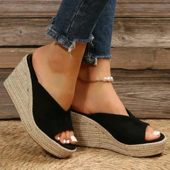 Minimalist Espadrille Faux Suede Wedge Slide Sandals - Picture 5 of 8